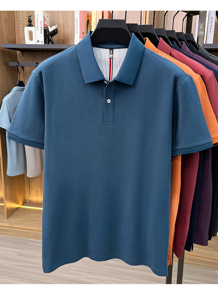 Men's Multi-Color Summer Pearl-Spun Mesh Long-Sleeve Polo Shirt with Contrast Lining and Lapel, Solid Color Simple Design, Skin-Friendly and Breathable, for Business Commuting, Daily Outings, Fishing Leisure, Mid-Life Men's Top - Lake Blue