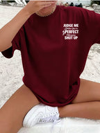 Women'S Crew Neck Double Sided Print Short Sleeve T-Shirt, Judge Me When You'Re Perfect Funny Slogan Rocket Graphic Front Back Tee, Loose Casual Basic Tops, Sassy Quote Printed Shirts for Daily Street Wear, Attitude Novelty Casual Outfit - Burgundy