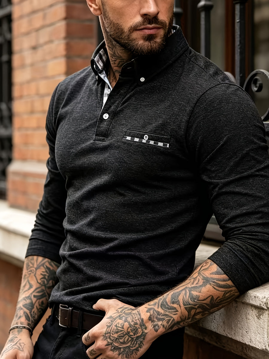 EnglishContrast Pocket Long Sleeve Collared Polo Stretch Slim Fit Business Casual Men T Shirt - Black