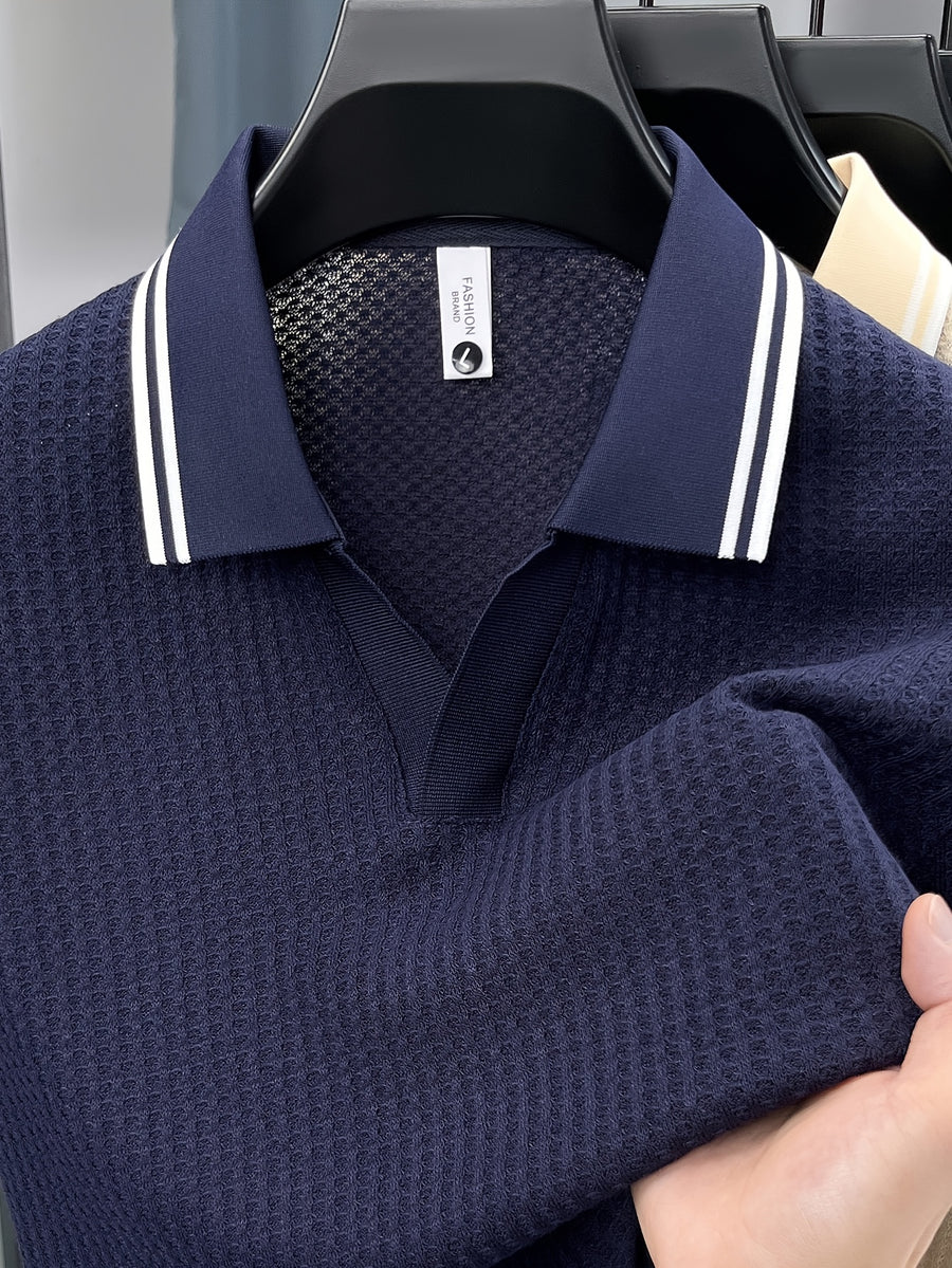 Men'S Scissor Collar Sweater, Summer Short Sleeve Breathable Knit Top, Contrast Striped Collar Design, Casual Knit Top, Summer Thin Breathable V-Neck Short Sleeve T-Shirt, Men'S Top - Navy Color