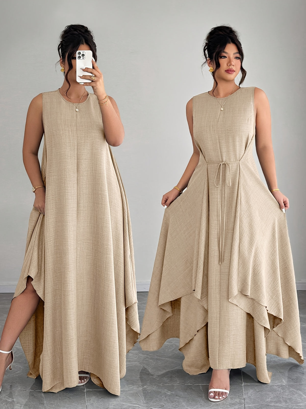 Women'S Elegant Vacation Casual Daily Outerwear Tie-Belt A-Line Asymmetrical Hem Dress - Khaki