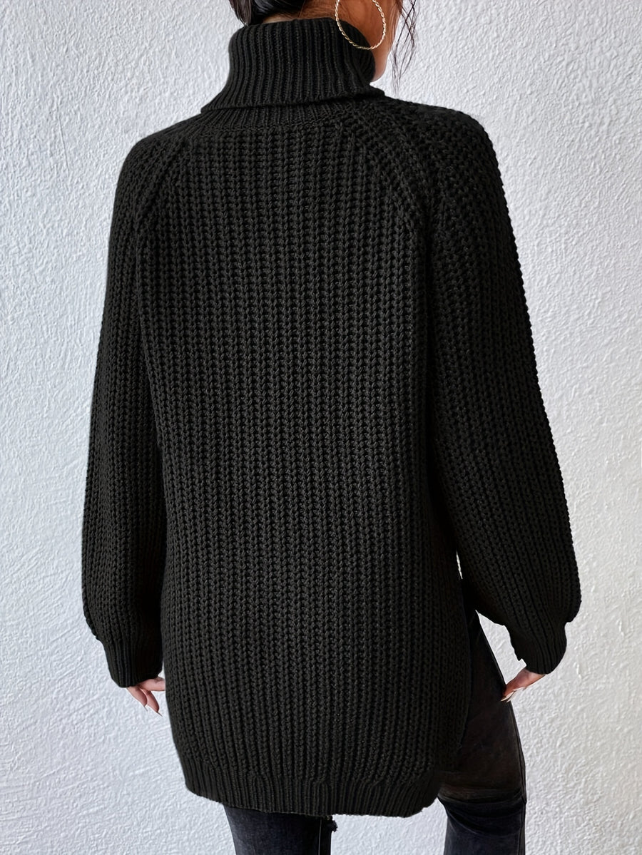 Women's New Arrival Elegant Casual Versatile Vacation Commute Office Sisters Outing Shopping Y2K Daily Wear Autumn Winter Solid Color High Neck Lapel Raglan Long Sleeve Top Spring Slit Hem Sweater Party Outfit Birthday Top Commute Wear Casual Wear - Black