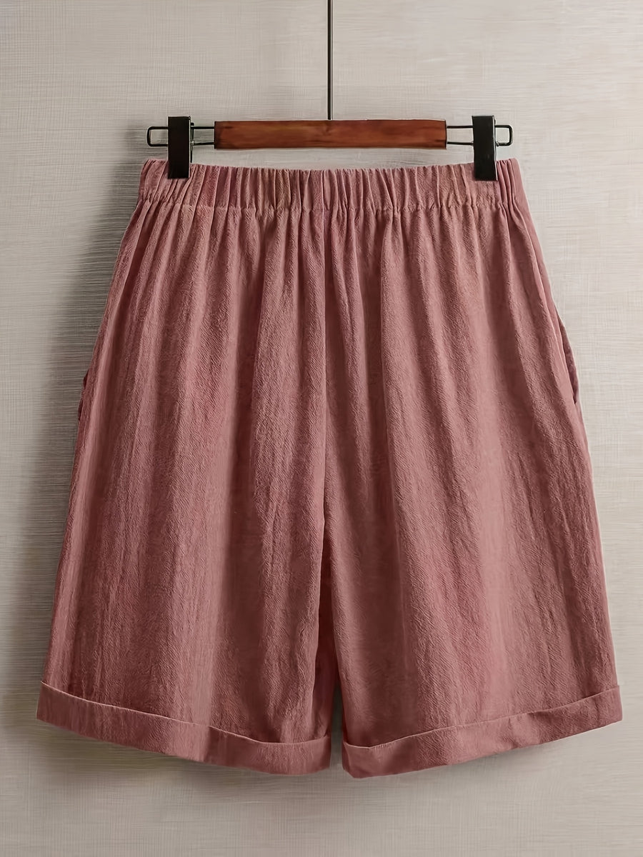 SQ26032726 Women'S Casual Easy Design Solid Color Linen Comfortable Breathable Pocket Shorts Suitable for Going Out, Summer, Vacation, Holiday Wear - Peach