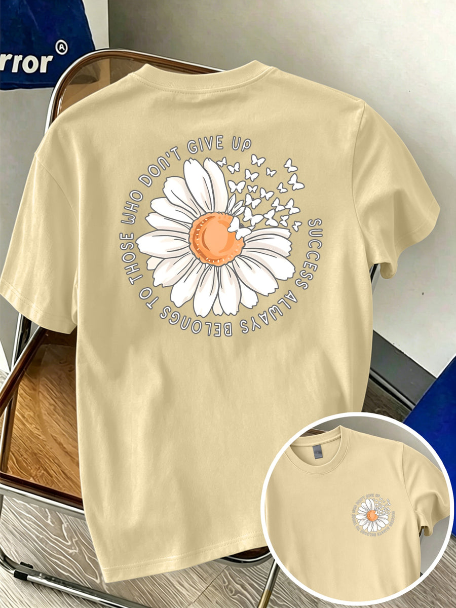 Men's 100% Pure Cotton Comfortable Casual Soft Breathable Daisy and Butterfly Print Short-Sleeve T-Shirt for Spring and Autumn Daily Commuting - Apricot