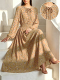 1pc Muslim Women's Floral Print Maxi Dress, Long Sleeve Loose Fit Modest Dress with Smocked Waist and Tiered Skirt, Elegant Casual Outfit for Ramadan, Eid, Daily Wear, Travel & Family Gatherings - Orange