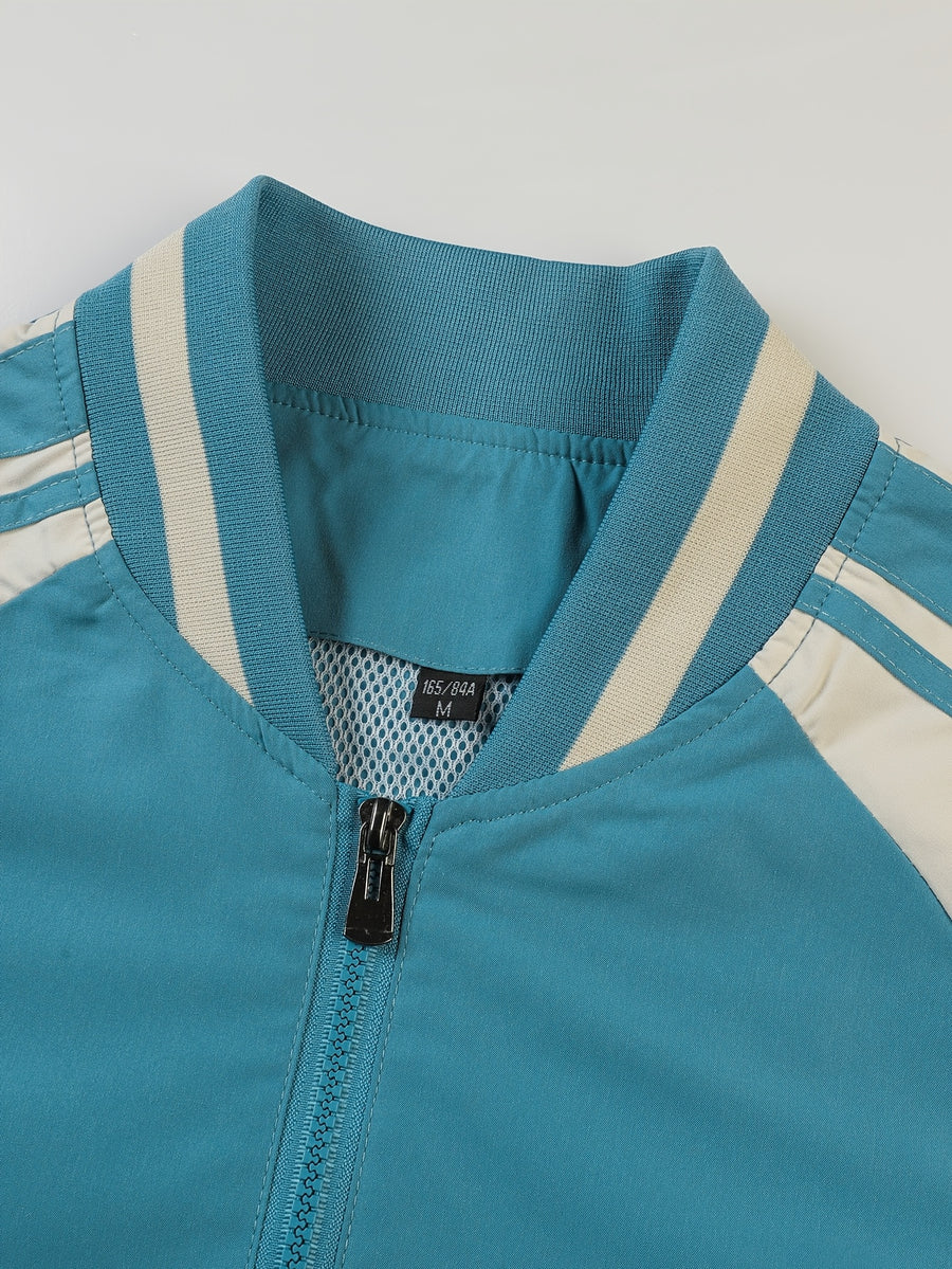 Men's Spring/Autumn Color-Block Striped Lightweight Jacket with Mesh Lining, Casual Outerwear, Outdoor Sports Baseball Jacket, Raglan Sleeve Design, Cropped Style - Sky Blue