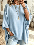 Plus Size, Women's Spring/Autumn Elegant Casual Cute Sexy Middle Eastern Style Spring/Autumn/Winter Solid Color Round Neck Batwing Sleeve Split Hem Irregular Loose Soft Warm Shawl Cape Pullover Sweater Top - Sky Blue