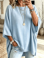 Plus Size, Women's Spring/Autumn Elegant Casual Cute Sexy Middle Eastern Style Spring/Autumn/Winter Solid Color Round Neck Batwing Sleeve Split Hem Irregular Loose Soft Warm Shawl Cape Pullover Sweater Top - Sky Blue