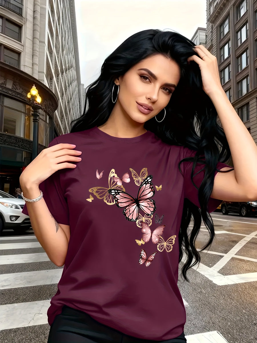 Watercolor Style Butterfly Pattern Print, Fashion Breathable T-Shirt, Family Travel, Campus, Casual, Daily Commute, Sisters' Matching Outfit, Versatile T-Shirt - Fuchsia