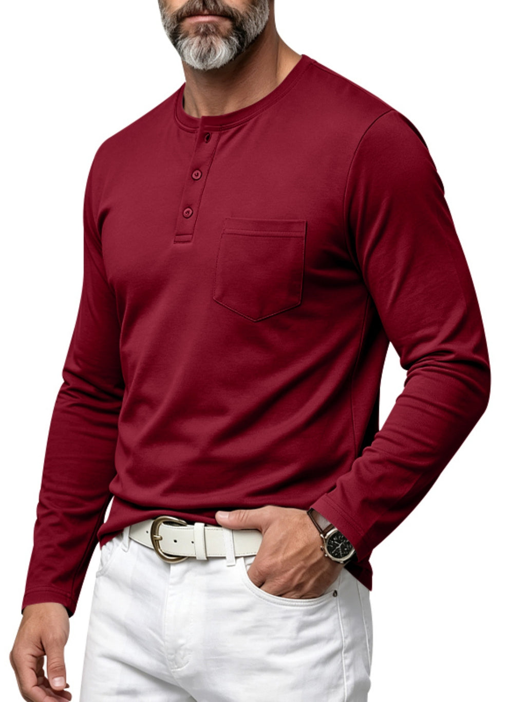 Vintage Men'S Henley Long Sleeve T-Shirt, Loose Stretch Lightweight Top with Pocket, Casual Daily Commute Shirts for All Seasons - Burgundy