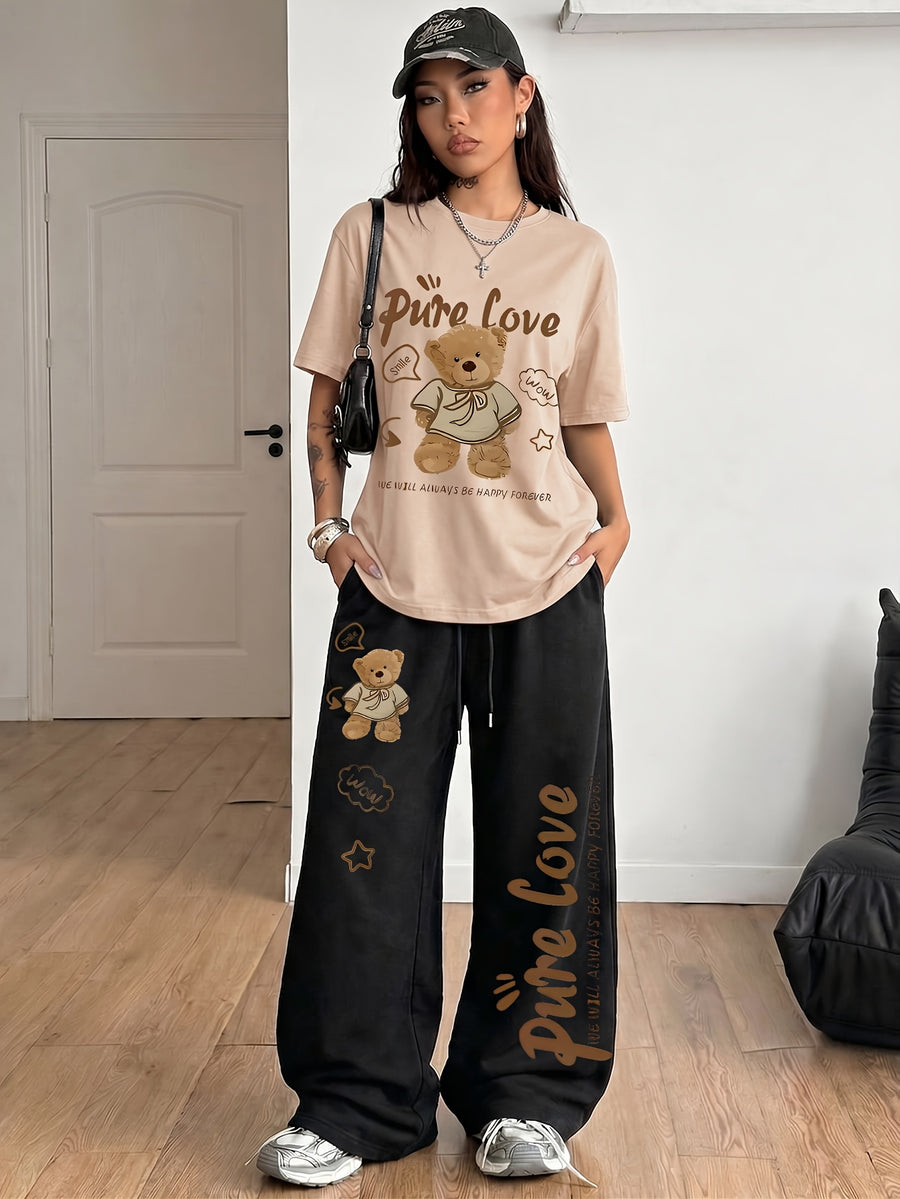 Women's 2-Piece Set: Spring/Summer Fun "Brown Bear" Heart and Letter Print Daily Y Casual T-Shirt with Drawstring Loose Straight-Leg Pants. Soft, Comfortable, Niche Hip-Hop Y2K Versatile Streetwear T-Shirt Set, Suitable for Summer Outings - Apricot+Black