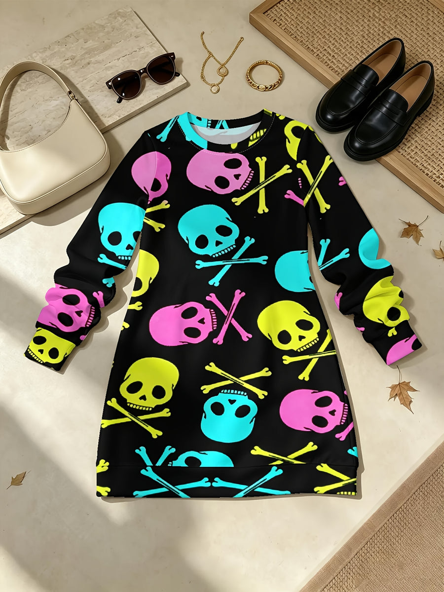 Colorful Skull SetWomen's All Over Print Long Sleeve Dress, Slight Stretch Crew Neck A Line Straight Hem, Versatile for Commute, Home & Dating - Multicolor