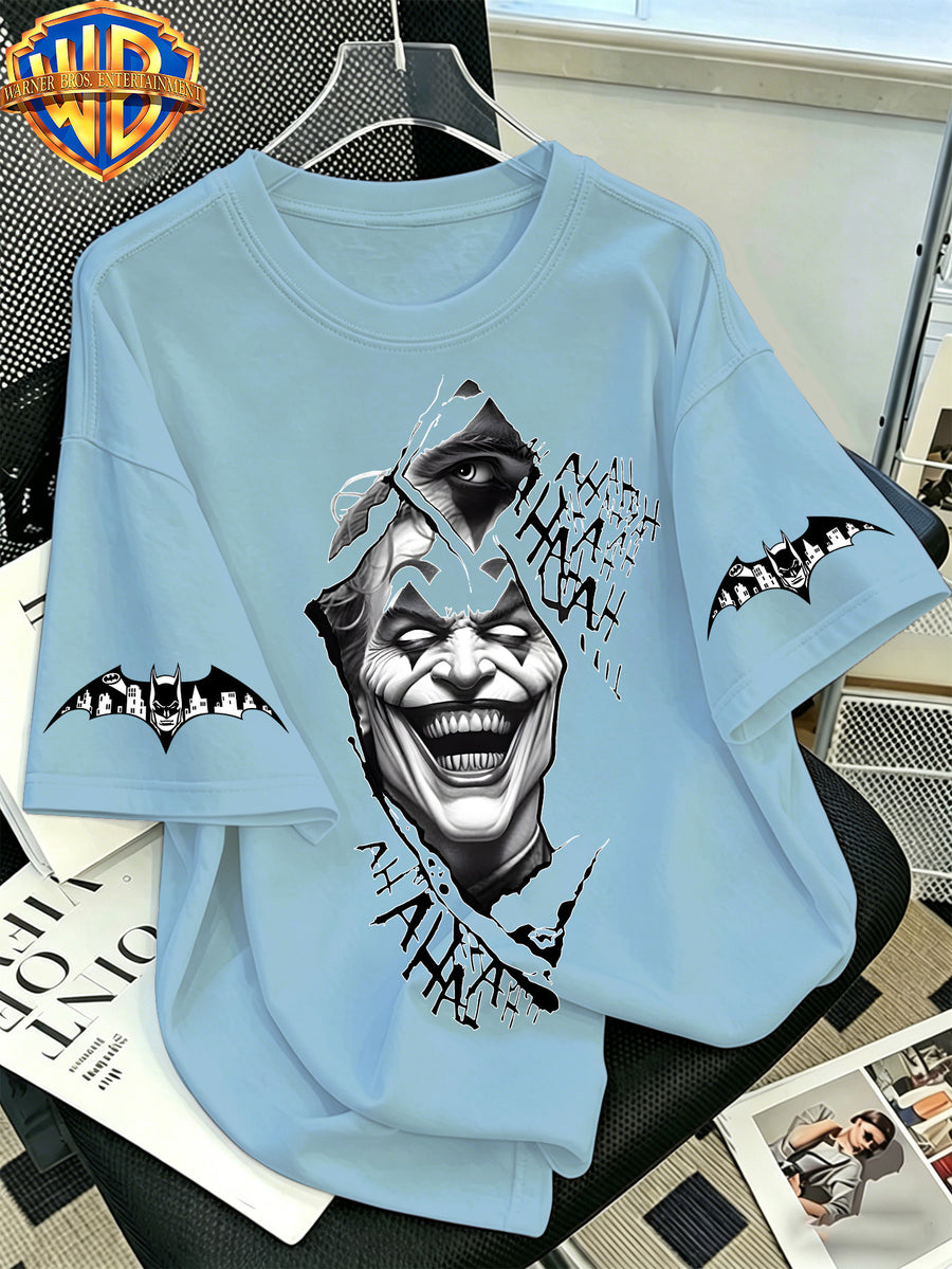 Official WB. Men's Short-sleeve T-shirt with Fun Cartoon Print, Joker Black and White Torn Cartoon Print, Crew Neck Top. Suitable for Men's Casual Summer Daily Commutes, Home, and Office Wear - Light Blue