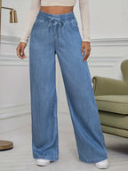 Plain Washed Light Blue Elastic Waistband Loose Fit Wide-leg Imitation Denim Pants, Women's Imitation Denim Pants for Spring and Autumn Weardenim - Light Blue