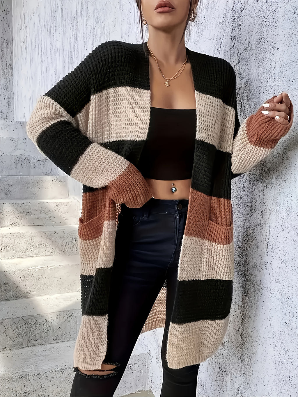 Women's Sweater Cardigan, Long Sleeve Open Front Cardigan, Autumn/Winter Color Block Long Coat, Loose Fit Casual Daily Outerwear LL168 - Coffee Color