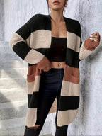 Women's Sweater Cardigan, Long Sleeve Open Front Cardigan, Autumn/Winter Color Block Long Coat, Loose Fit Casual Daily Outerwear LL168 - Coffee Color