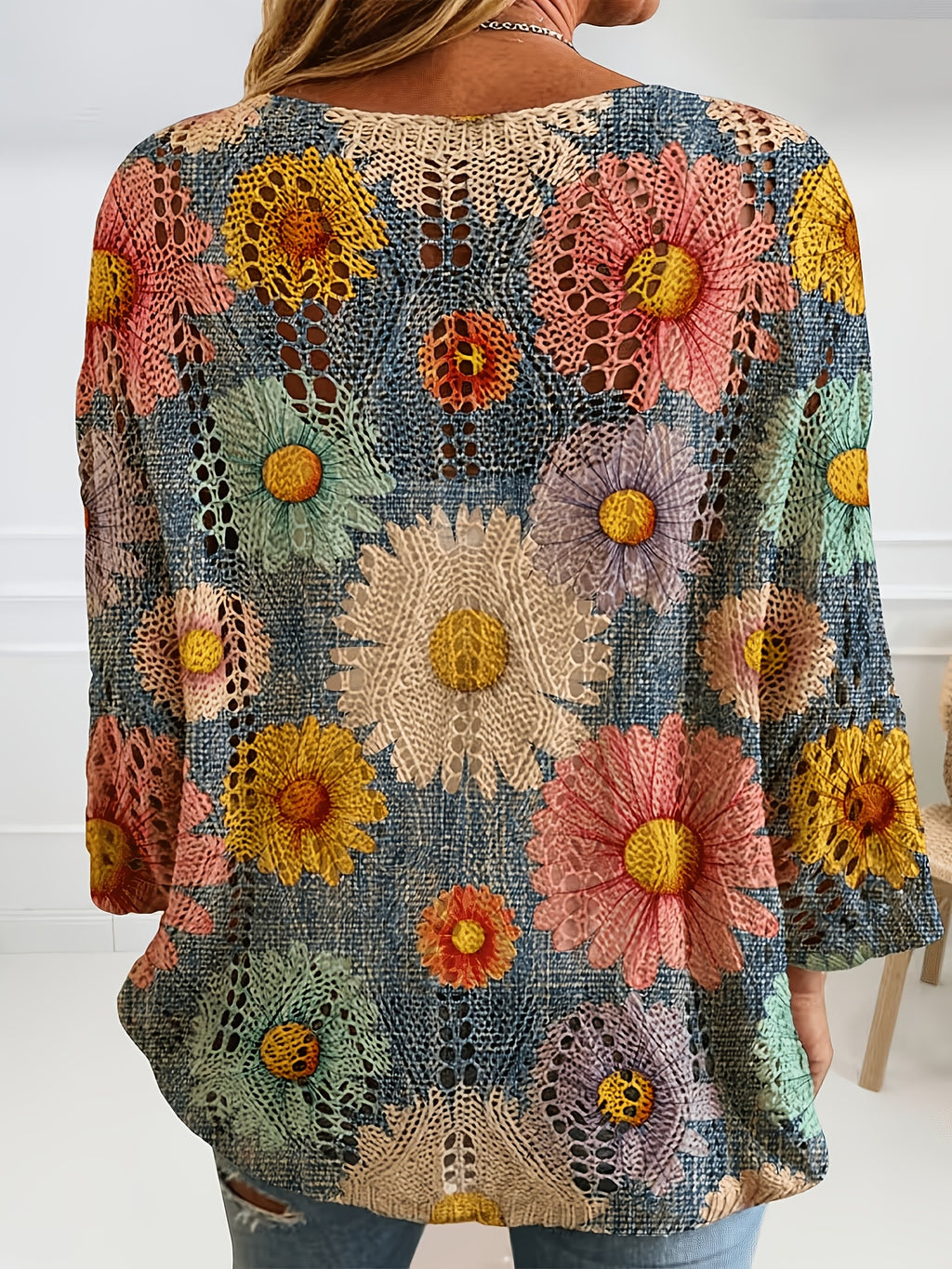 Plus Size, Plus Size Women's Colorful Daisy Print Openwork Top, Daisy Print Sweater, Openwork Loose Pullover, Forest-Style Artistic Knitwear, Casual Lazy Style Long Sleeve T-Shirt, Colorful Floral Print Cover-Up - Navy Color