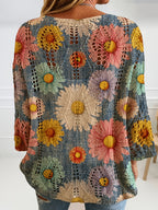 Plus Size, Plus Size Women's Colorful Daisy Print Openwork Top, Daisy Print Sweater, Openwork Loose Pullover, Forest-Style Artistic Knitwear, Casual Lazy Style Long Sleeve T-Shirt, Colorful Floral Print Cover-Up - Navy Color
