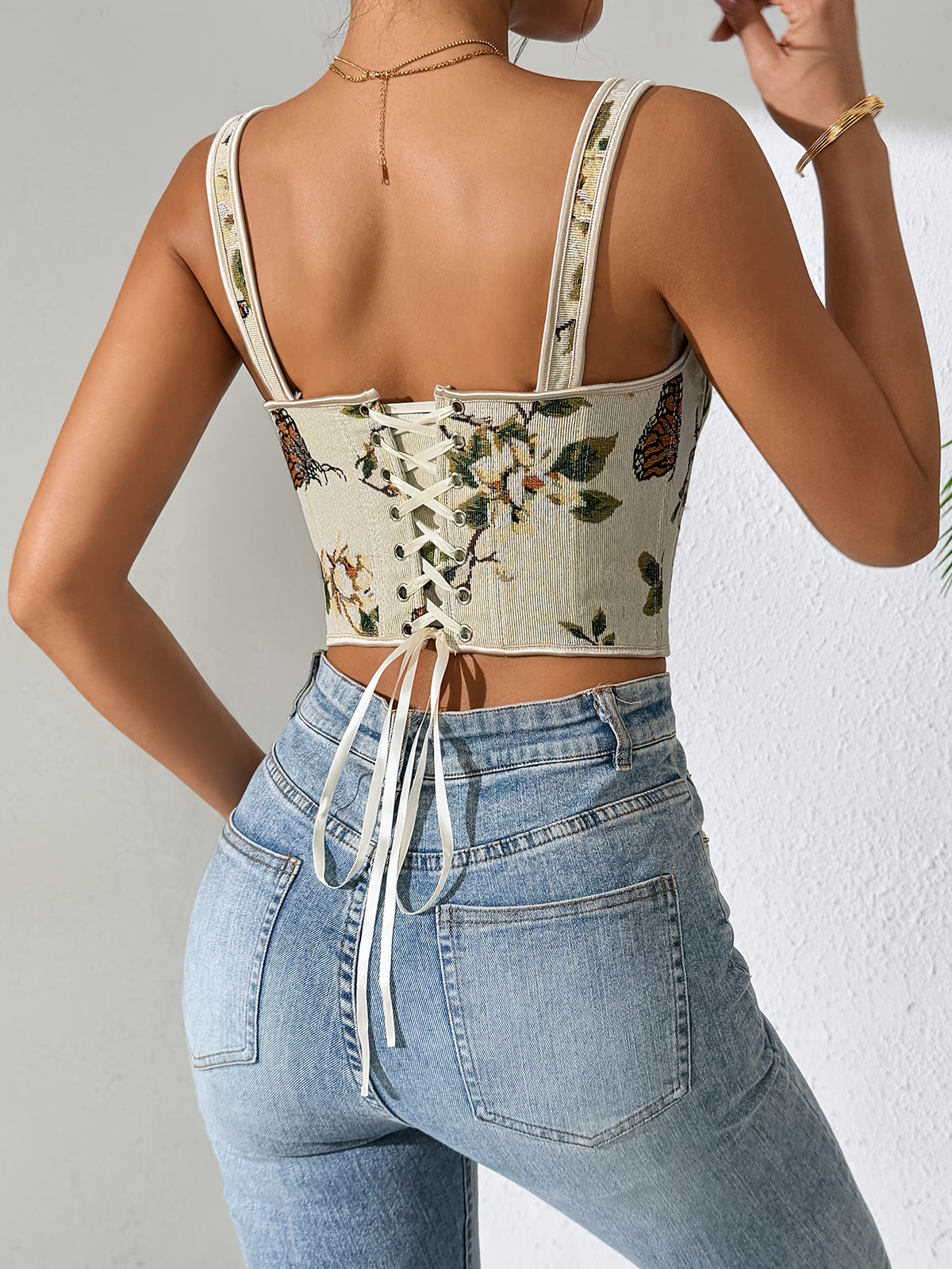 French-Style Court Bow Tie Lace-Up Floral Print Vintage Oil Painting Bodice Ball Gown Women's Camisole Printed Slim Fit Vest Corset Top for Outerwear - Apricot