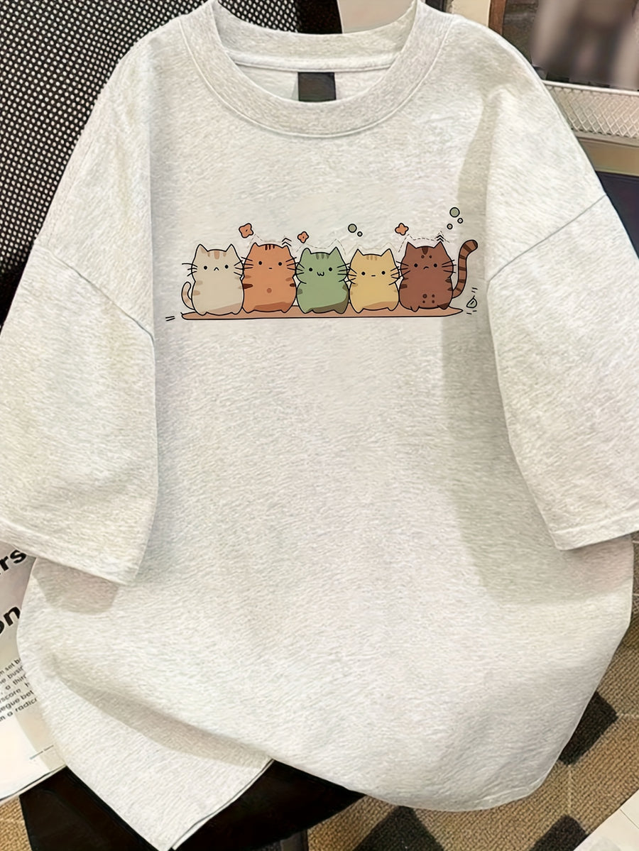 Women's Short Sleeve T-Shirt with Whimsical Cartoon Cat & Star Print - Loose Fit Round Neck Casual Top for Casual Attire, Machine Washable All-Season Comfort, Ladies T Shirts - Light Grey