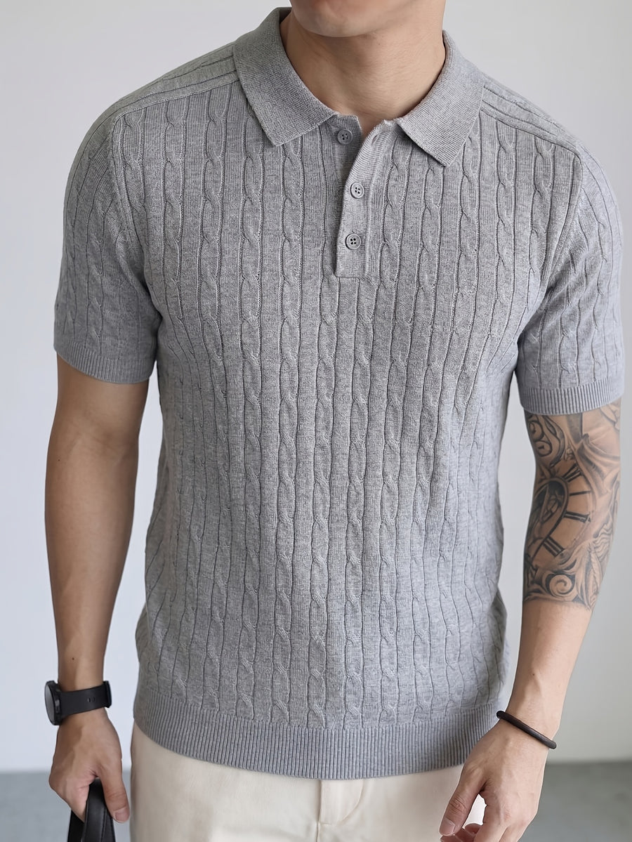 Short-Sleeved Knitted Shirt 2026 Spring/Summer New Product Cable Knit Lapel Slimming Pullover Top, Vertical Stripe Heavy-Duty Twist Slimming Pattern, Light Luxury Business High-Quality Style, Fashionable, Easy And Handsome, Precise Workmanship - Light Grey