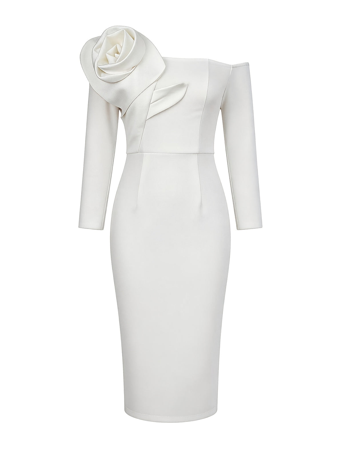Women's Slim-Fit Hip-Hugging Evening Gown with Large Three-Dimensional Floral Print, One-Shoulder Strap, Off-Shoulder, and Open Back for Birthdays, Weddings, Parties, and Bridesmaids - Ivory White