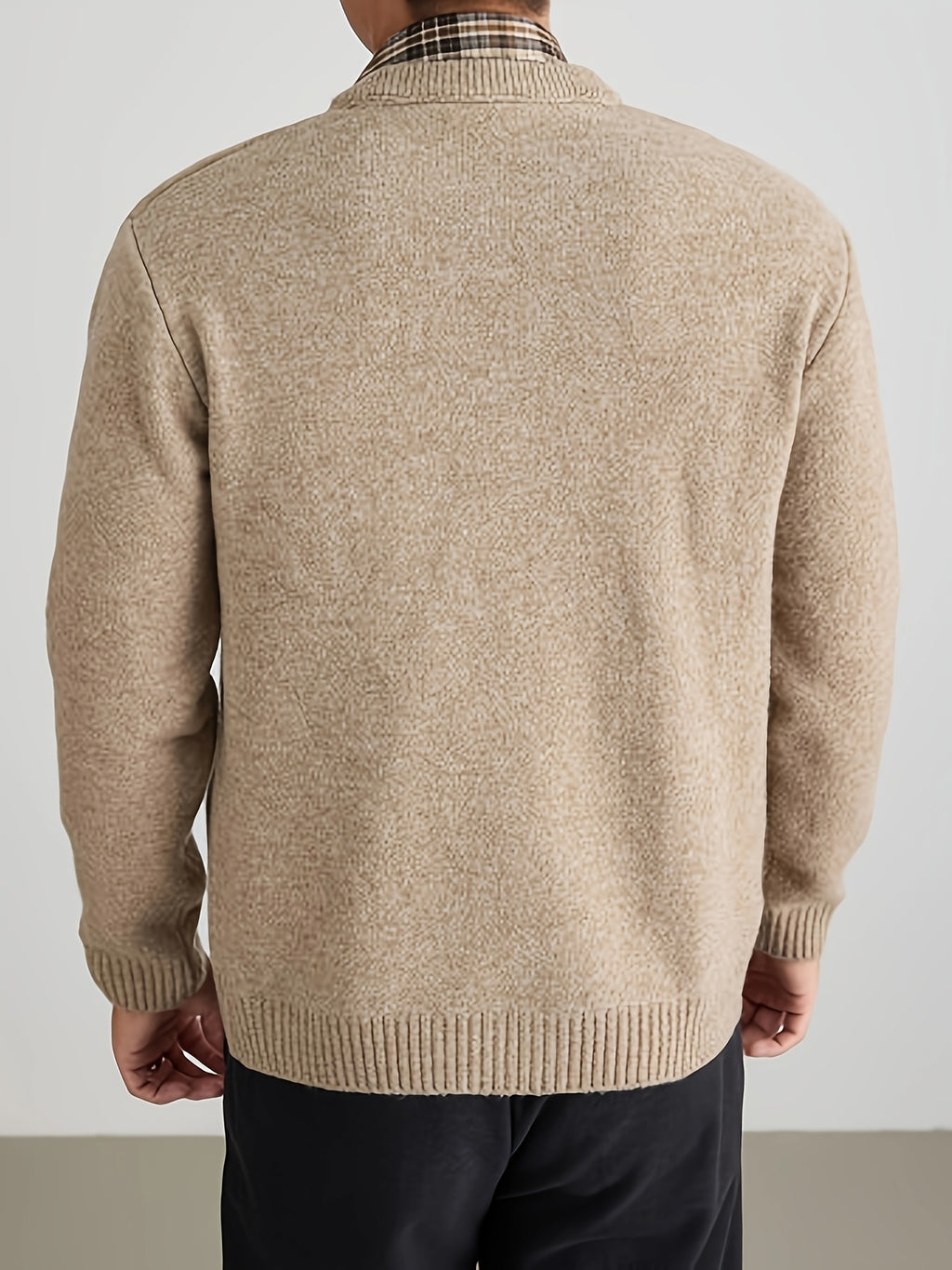 Men'S Button-Polo Sweater Jacket, Soft Elastic Long Sleeve Open-Front Pullover Coat, Anti-Pilling Business Casual Solid Color Outerwear, Men'S Work-Use Jacket, Daily Work Scene Wear, Business Commute Suitable, Ideal for Autumn And Winter, Knit - Beige Camel