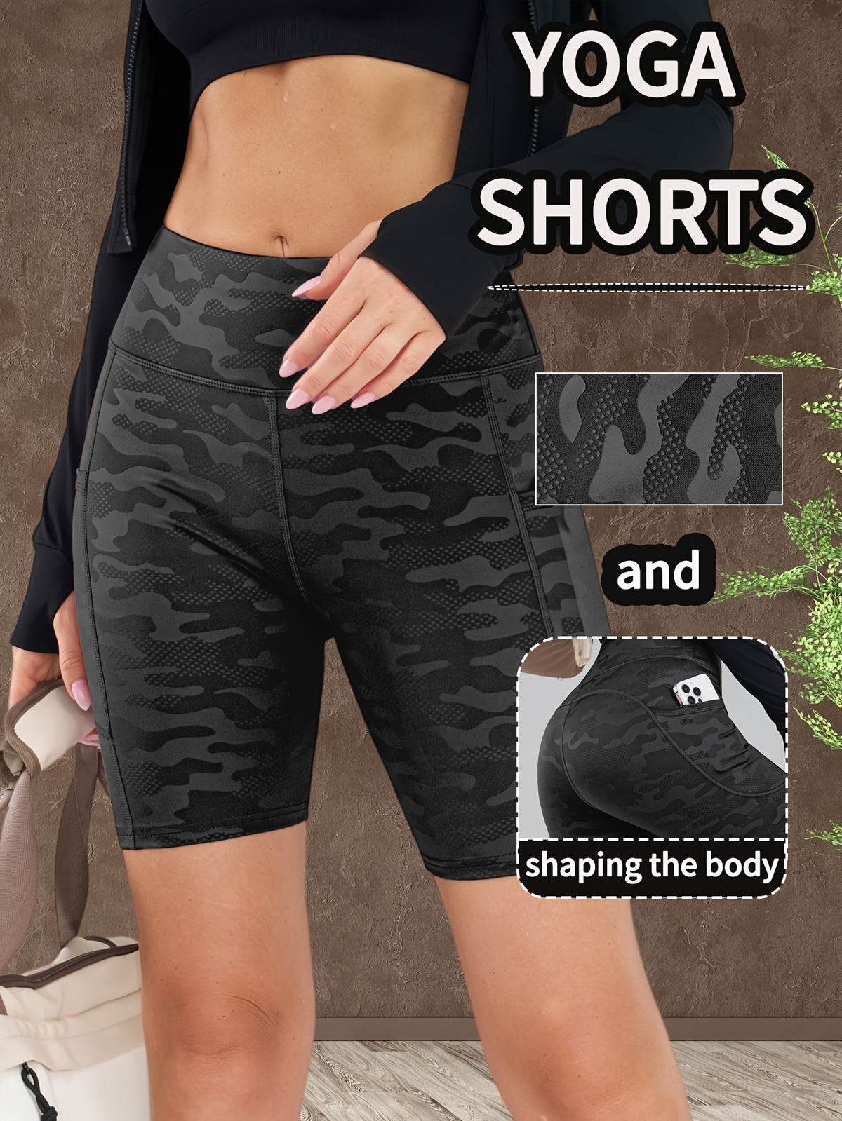 New Pocketed Fashion Women'S High-Waist Tummy Control Butt Lifting Pants for Outer Wear, Camouflage Shorts, Quick-Dry Tight Capri Pants for Riding - Black