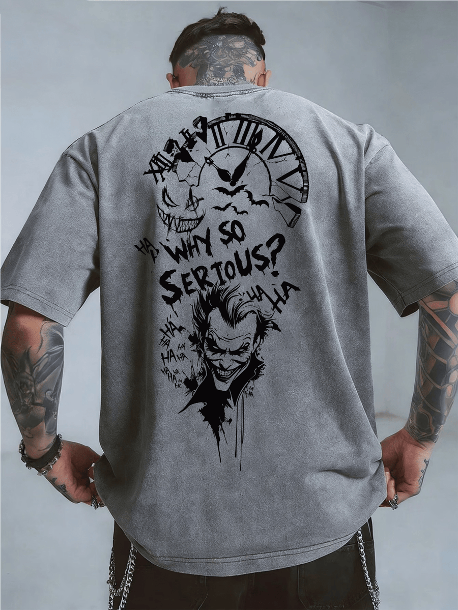 Licensed by WB Warner, Men'S Retro Old 100% Washed Crew Neck T-Shirt, DC Batman Joker Why So Serious Sketch Graffiti Design, Loose Version, Men'S Casual Versatile Loose T-Shirt, Suitable for Daily Wear Outdoor Sports - Grey