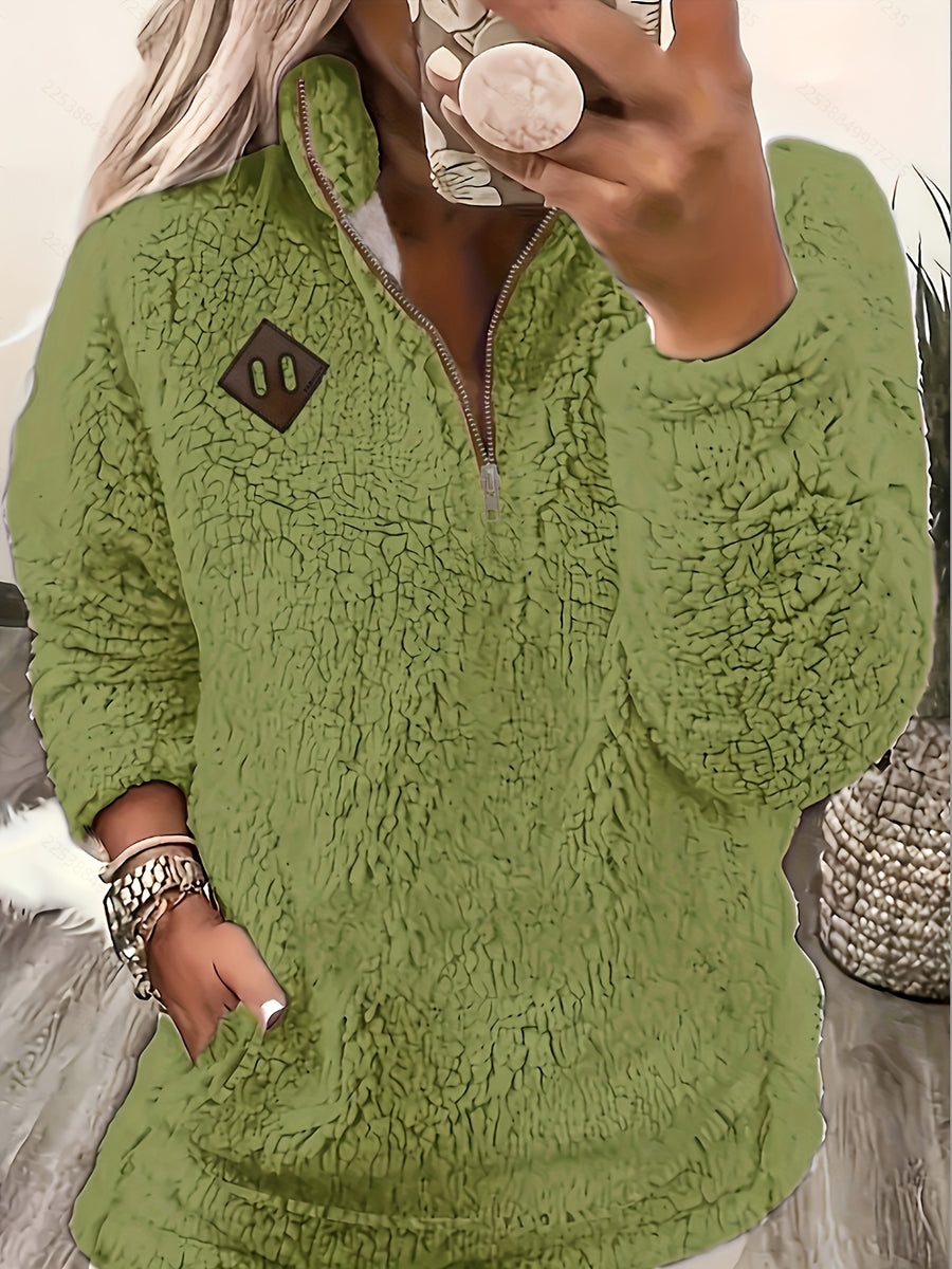 Women's Casual Fashion Pullover Zip-Up Long Sleeve Top - Matcha Color