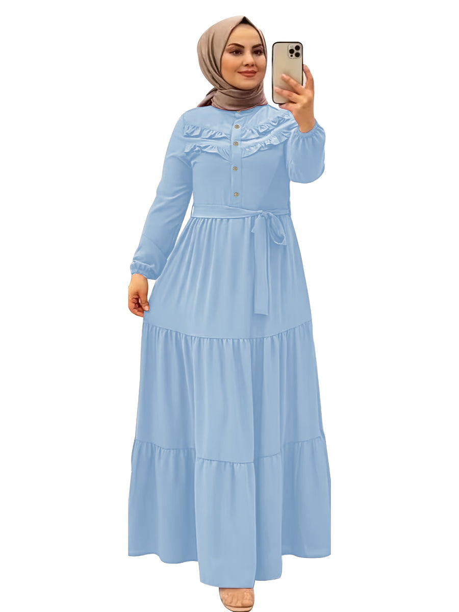 Ladies' Casual Stylish Long Dress with a Belt And Button Design, Featuring a Solid Color, Inspired by Middle Eastern Muslim Fashion (Headscarf Not Included) - Sky Blue
