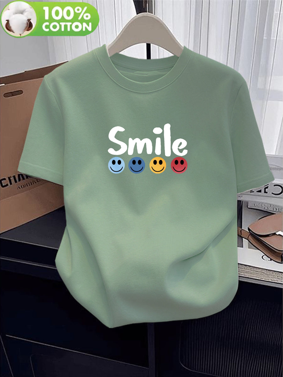 100% Women's T-Shirt, Summer Short Sleeve Thin Top, Trendy and Fashionable Standard Fit, Versatile for Daily Wear, Casual, Comfortable, and Breathable, Colorful Smiling Face and Letter Print Design, Simple, , and Fun Pattern - Green