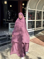 New Cross-Border Middle East Solid Color Women's Lace-Up Abaya 2pcs Set with Large Headscarf, Arabic Style P302 - Purple