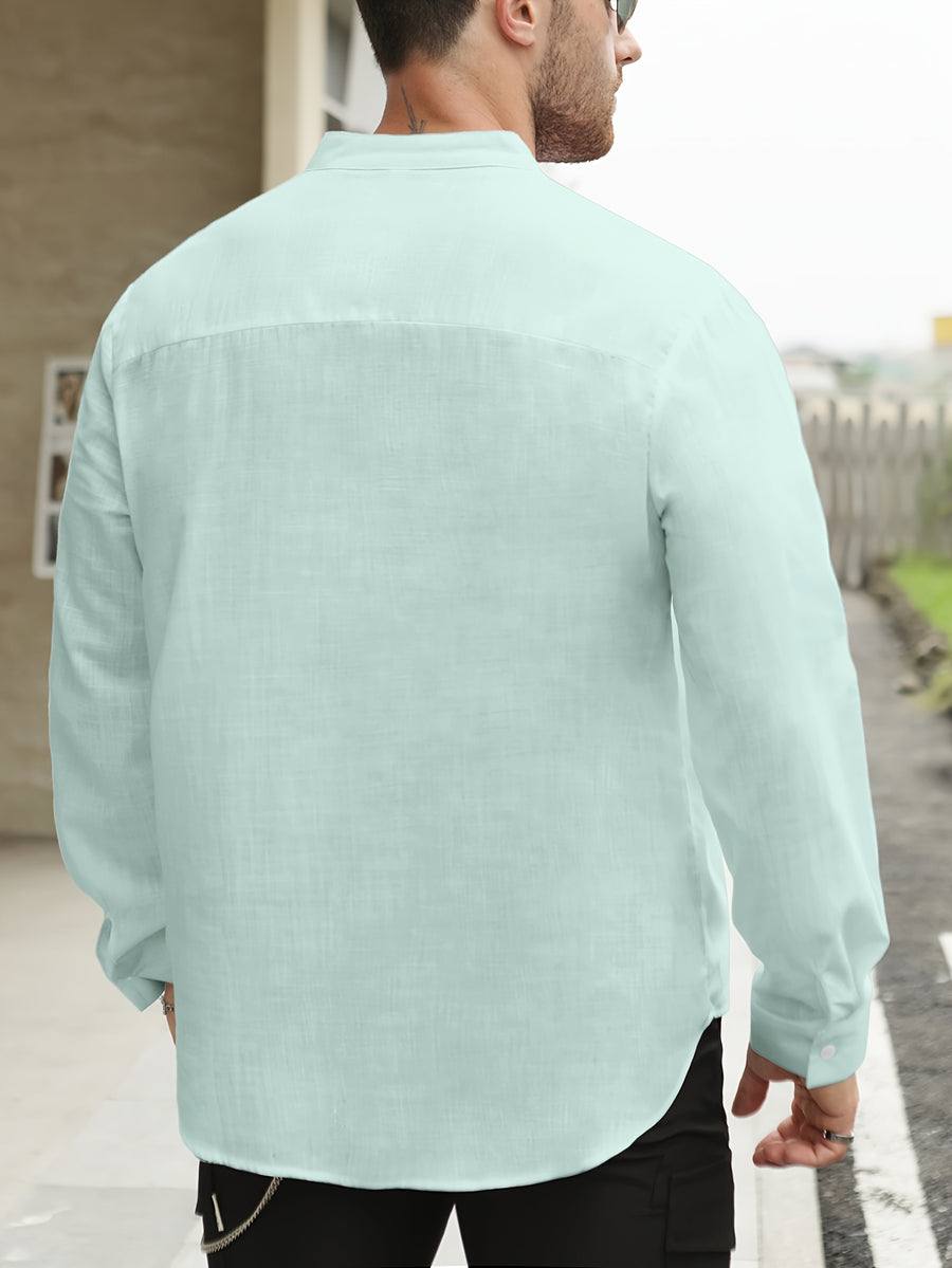 Men's Lightweight Thin Striped Stand Collar Half-Placket Solid Color Long Sleeve Shirt WISH Twill Loose Vintage Shirt - Light Green