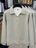 New Autumn/Winter Men's Pullover, Faux 2pcs Long Sleeve Lapel Knit Sweater, Geometric Pattern Men's Button-Up Sweater, Business Casual Fashion Versatile Solid Color Men's Top, Suitable for Daily Outings in Spring and Autumn, Men's Gift, First Choice - Beige Color