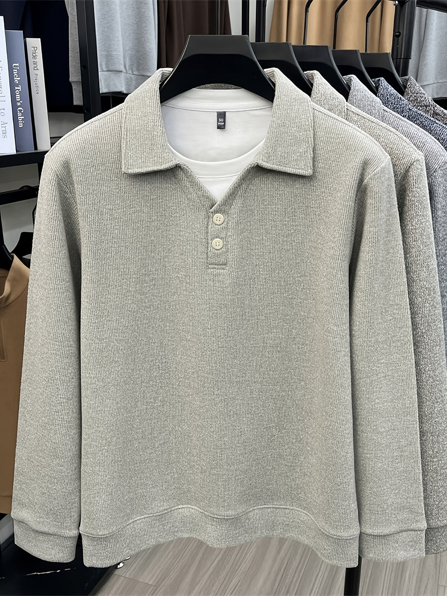 New Autumn/Winter Men's Pullover, Faux 2pcs Long Sleeve Lapel Knit Sweater, Geometric Pattern Men's Button-Up Sweater, Business Casual Fashion Versatile Solid Color Men's Top, Suitable for Daily Outings in Spring and Autumn, Men's Gift, First Choice - Beige Color