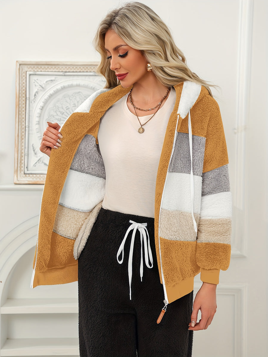 Women's Fuzzy Hooded Jacket Color Block Zip-Up Coat Warm Outerwear with Pockets for Autumn Winter Casual Outdoor Wear - Rust