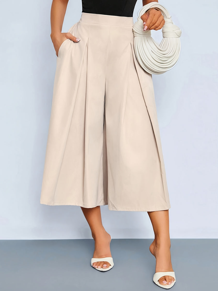 Women's High-Waist Culottes with Pockets, Pleated Wide-Leg Shorts, Casual Fashion Summer Work Pants, Serene Luxury Culottes with Pockets, High-Waist Pleated Wide-Leg Shorts - Apricot
