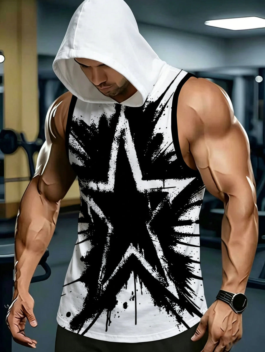 Fashion Hooded Sleeveless Top with Trendy Black and White Splatter Print, Comfortable and Breathable, Suitable for Daily Casual, Sports and Versatile Matching - Mixed colors