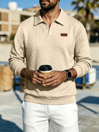 Premium Rhombus Men's Long Sleeve Polo Shirt with Notched Lapel and Small V-Neck Design, a Top for Men's Commuting and Party Wear (Texture Random) - Apricot