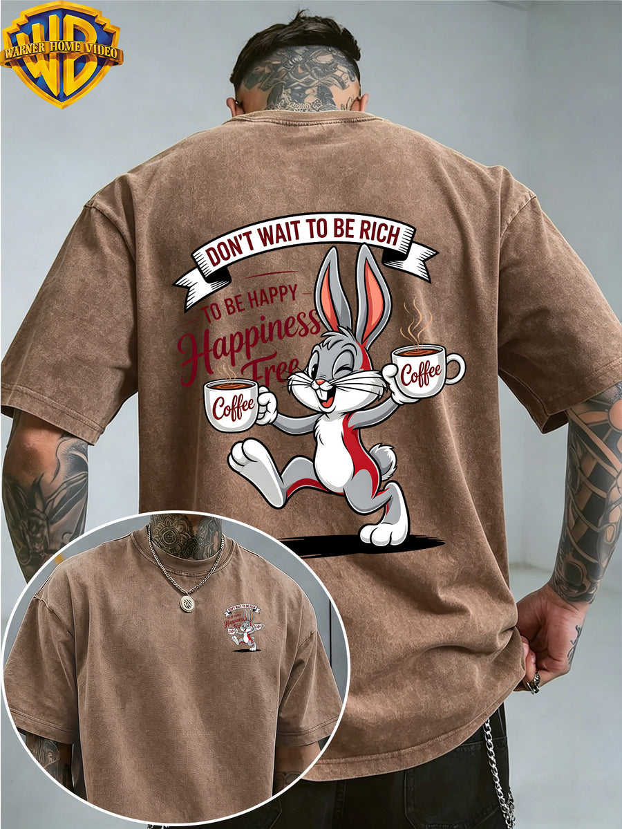 Warner Bros. Officially Authorizes Joyful Cartoon Rabbit Handheld Two Cups of Coffee Printed Retro Washed Outdated Short Sleeve T-Shirt for Men And Women, Machine Washable Daily Commuter Outdoor Sports And Leisure Top - Coffee Color