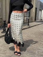[ASD] Vintage Polka Dot Elegant Versatile Women'S Skirt Made of Contrast Lace - White