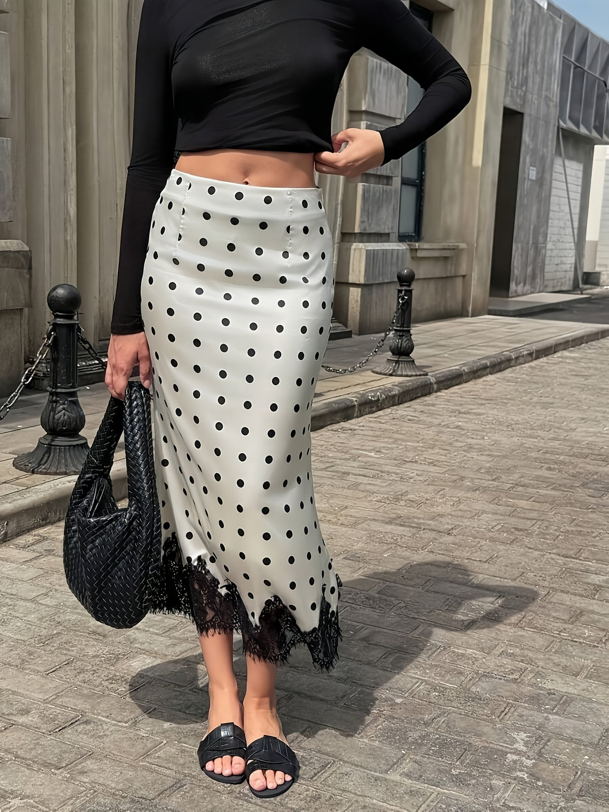 [ASD] Vintage Polka Dot Elegant Versatile Women'S Skirt Made of Contrast Lace - White