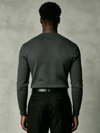 Joshmei OBM New Men's Checkered Embossed Texture Henley Long-Sleeve Shirt, Half-Button Placket Textured Minimalist Casual Top, Autumn/Winter Slim Fit for Daily Commute and Streetwear, Multiple Colors Available - Dark Gray