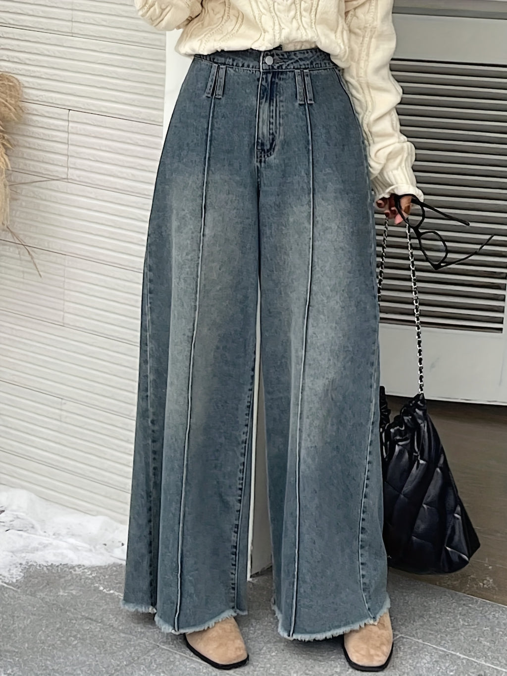 Women'S High Waist Wide Leg Loose Raw Hem Snowflake Jeans Elastic Seam - Bright Steel Blue
