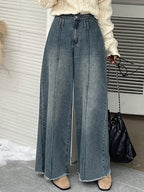 Women'S High Waist Wide Leg Loose Raw Hem Snowflake Jeans Elastic Seam - Bright Steel Blue