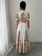 Middle Eastern Summer Elegant Festive Gathering Vacation Positioning Paisley Floral Print Puff Short Sleeve V-Neck Belt A-Line Dress - Champagne