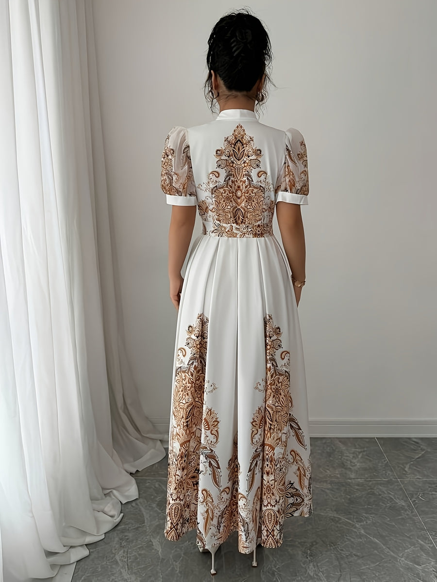 Middle Eastern Summer Elegant Festive Gathering Vacation Positioning Paisley Floral Print Puff Short Sleeve V-Neck Belt A-Line Dress - Champagne