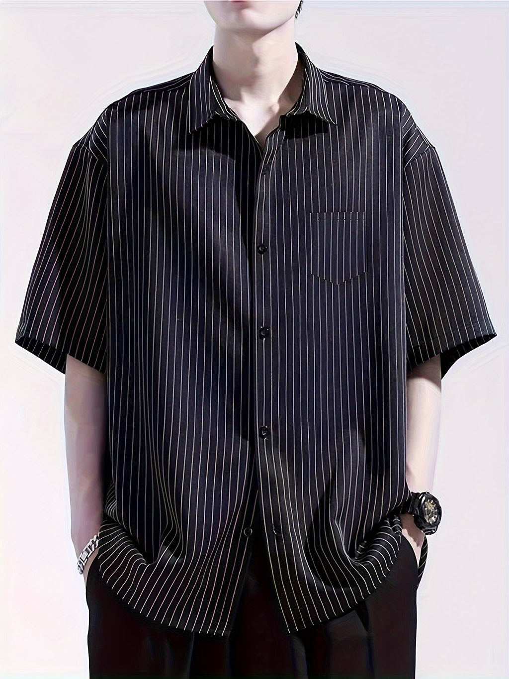 Men's Summer Striped Short-Sleeve Shirt, Loose Fit, Thin Spring/Autumn Casual Premium Shirt, Read-to-Wear Wrinkle-Free 2024 Short Top - Black