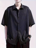 Men's Summer Striped Short-Sleeve Shirt, Loose Fit, Thin Spring/Autumn Casual Premium Shirt, Read-to-Wear Wrinkle-Free 2024 Short Top - Black